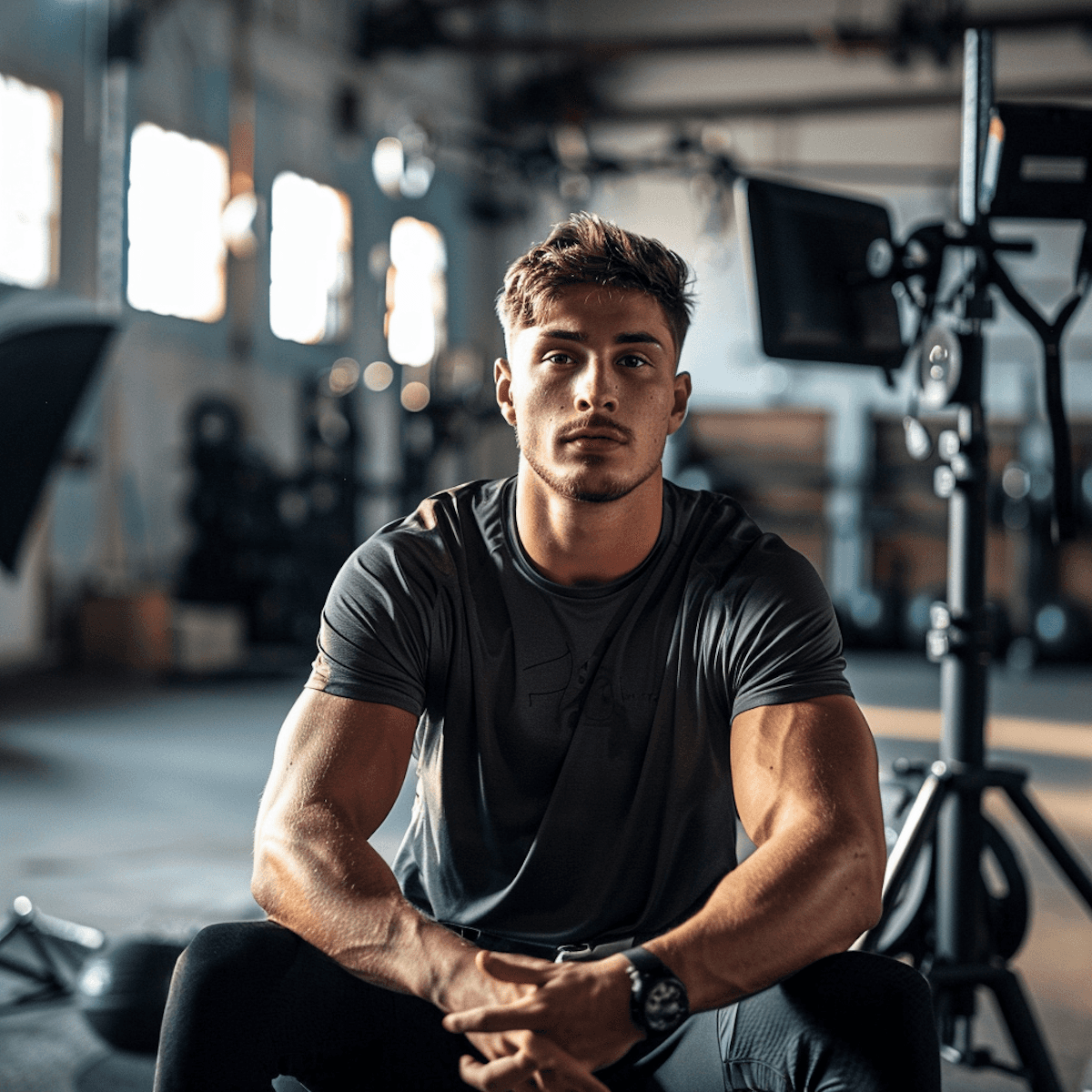 A fitness coach seated in a gym