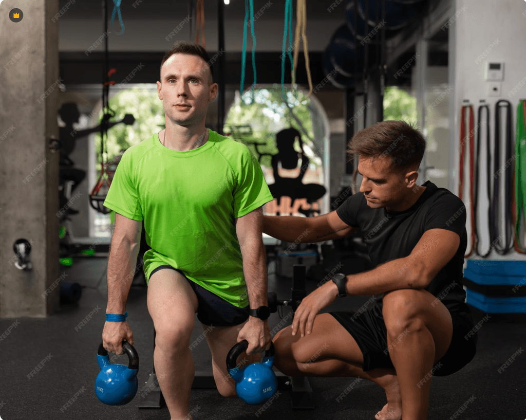 A coach guiding an athlete through a lunge